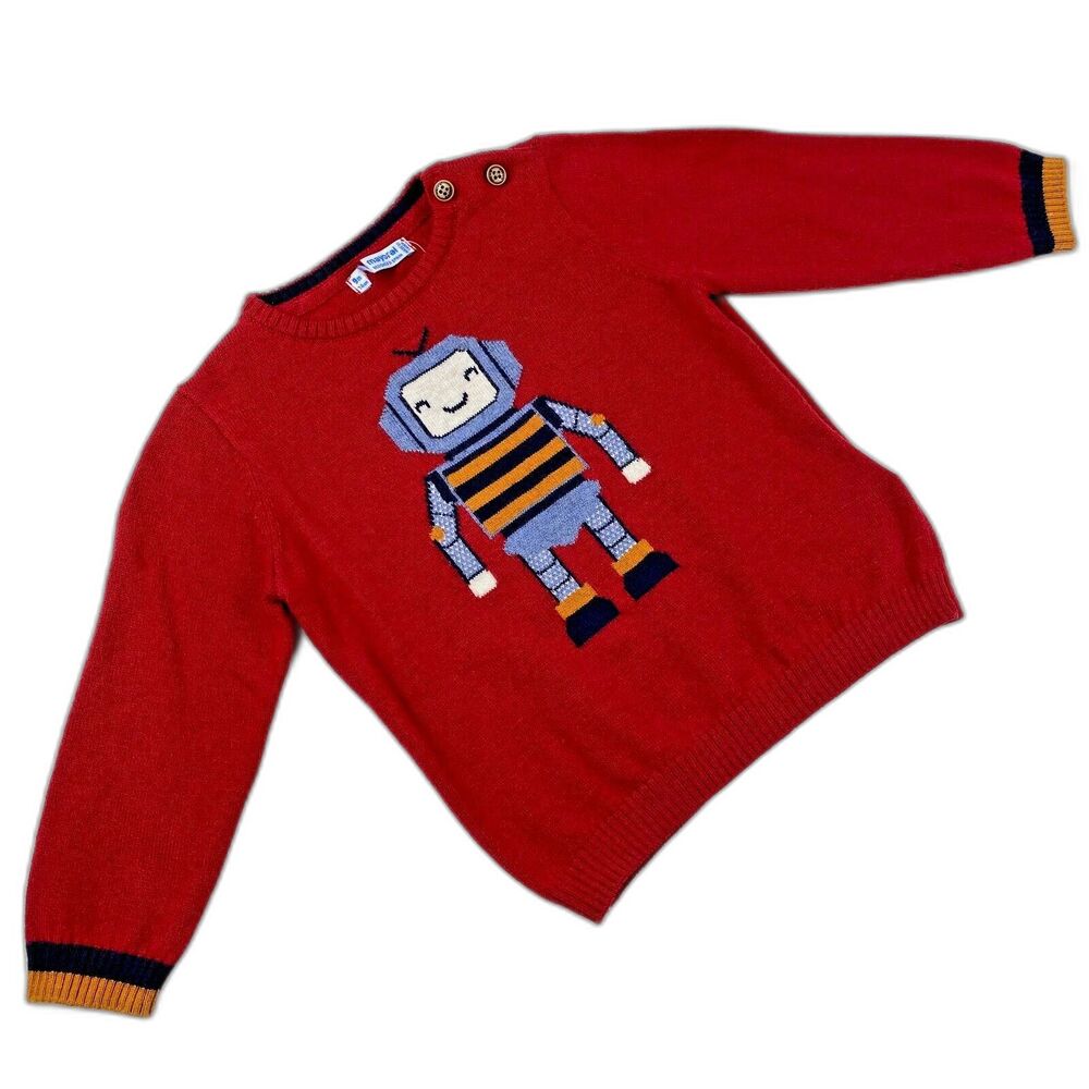 Mayoral Sweater Toddler Boys 9M 74cm Robot Red Knitted Pullover Long Sleeve NWT